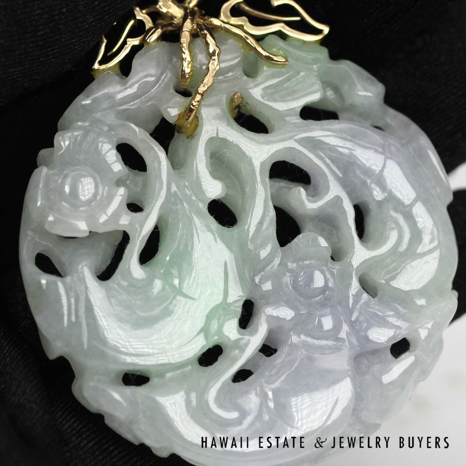 Carved Lavender & Green Jade Openwork Pendant with 14K Yellow Gold Bail - Image 4