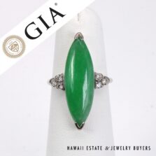 GIA Type A Green Jadeite Jade Marquise Diamond 14K White Gold Ring Size 5