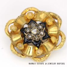 1800s Vintage 18K Yellow Gold Rose Cut Diamond Enamel Brooch