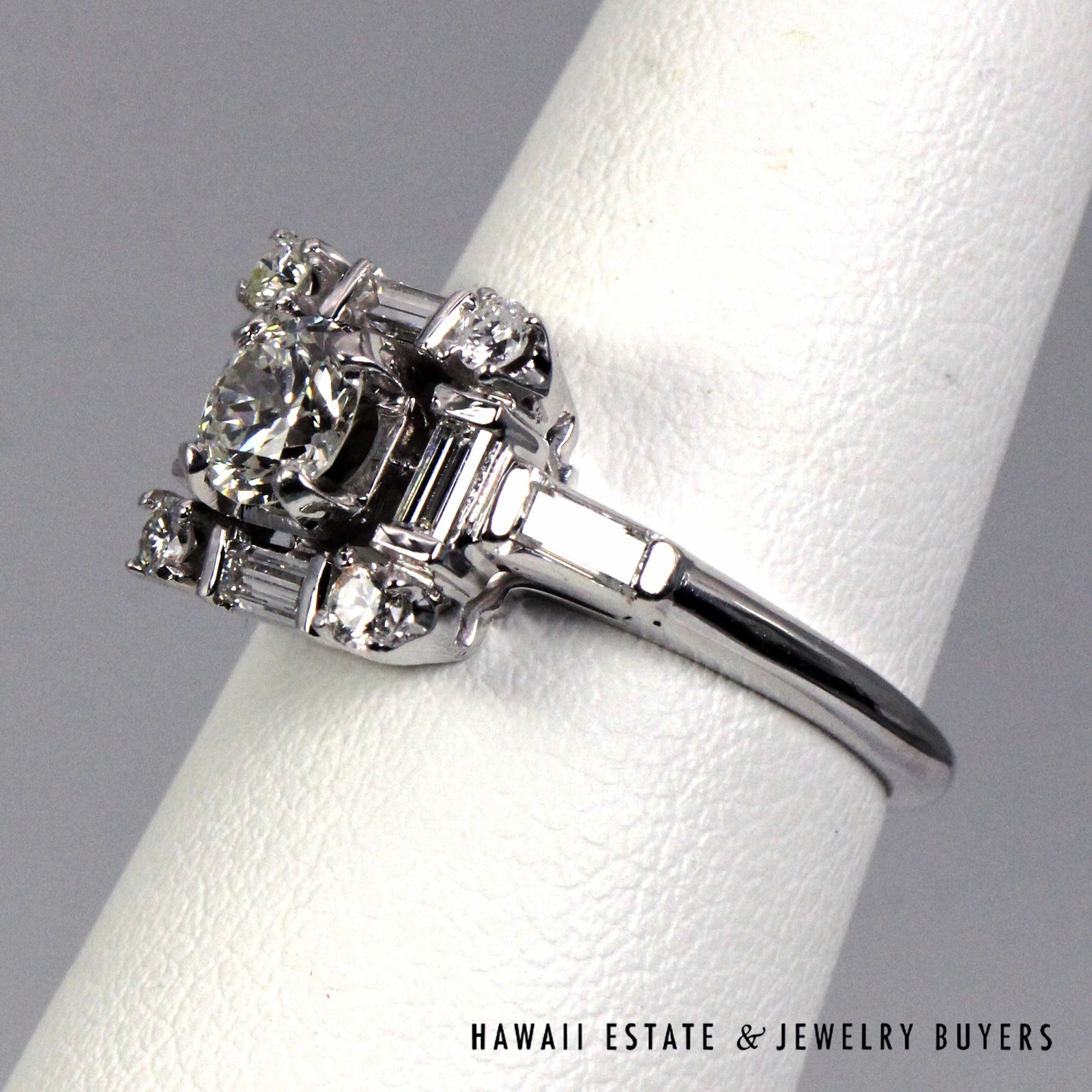 Vintage Baguette & Round Diamond 14K White Gold Cocktail Ring Size 5.5 - Image 3