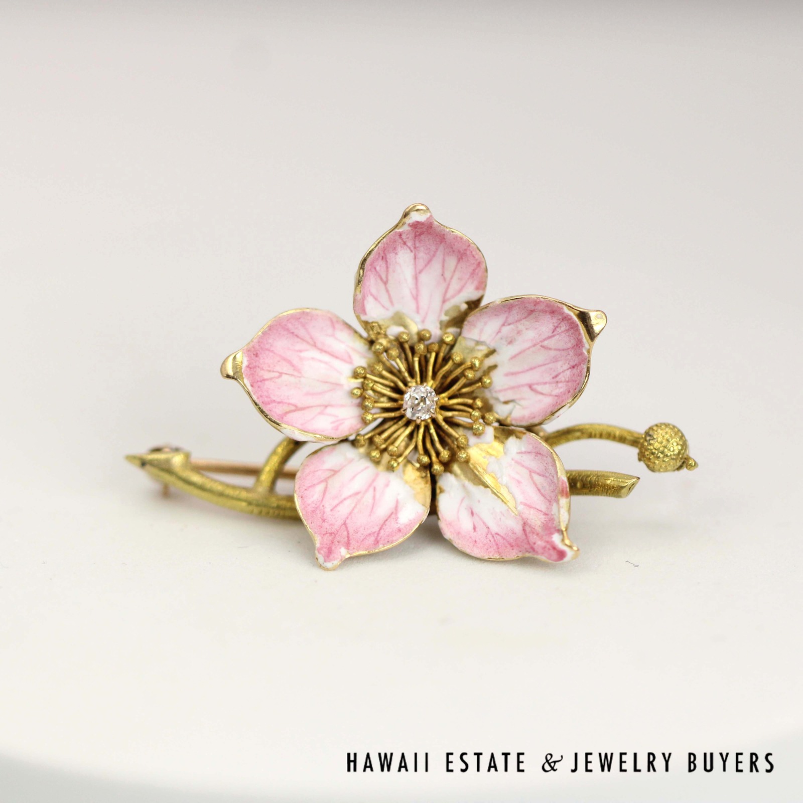 Vintage Art Nouveu Old Mine Cut Diamond Pink Enamel Posey Cherry Blossom 18K Yellow Gold Brooch Pin - Image 2