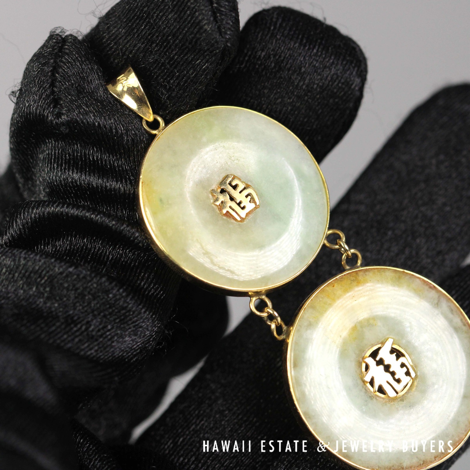 Green Jade Double Donut Pendant in 14K Yellow Gold with Character Details - Image 6