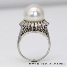 South Sea Pearl & Diamond Halo Platinum Estate Ring Size 6