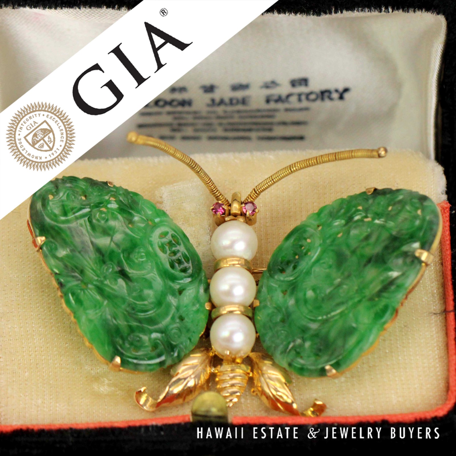 GIA Type A Antique 1940s Jade Butterfly with Box