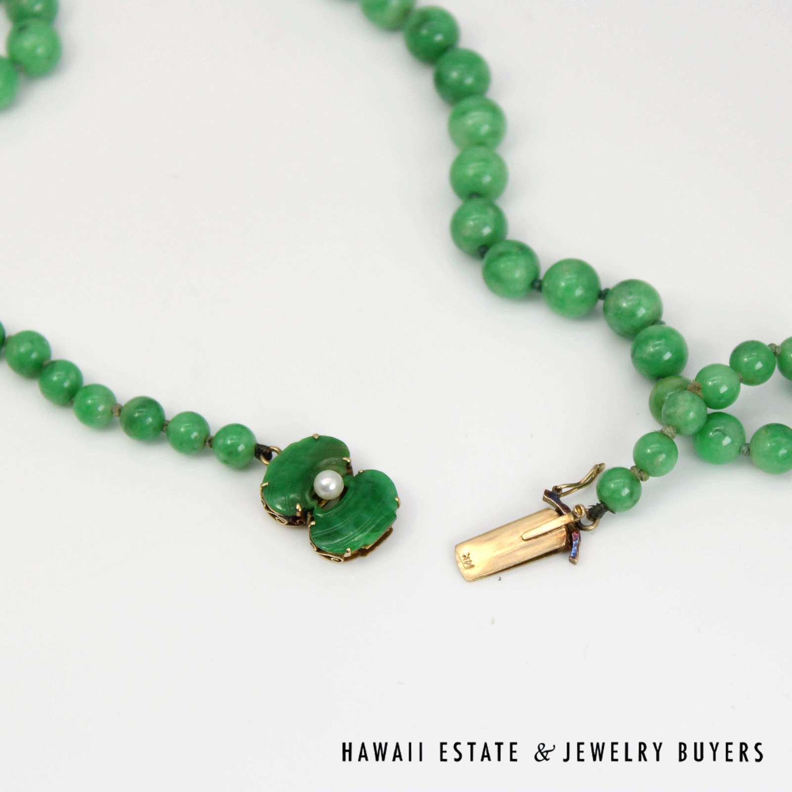 GIA Green Jade Type A Bead 14K Yellow Gold Necklace w/ Carved Pearl Clasp
