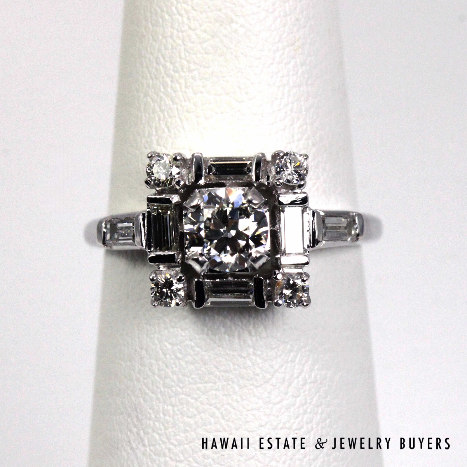 Vintage Baguette & Round Diamond 14K White Gold Cocktail Ring Size 5.5