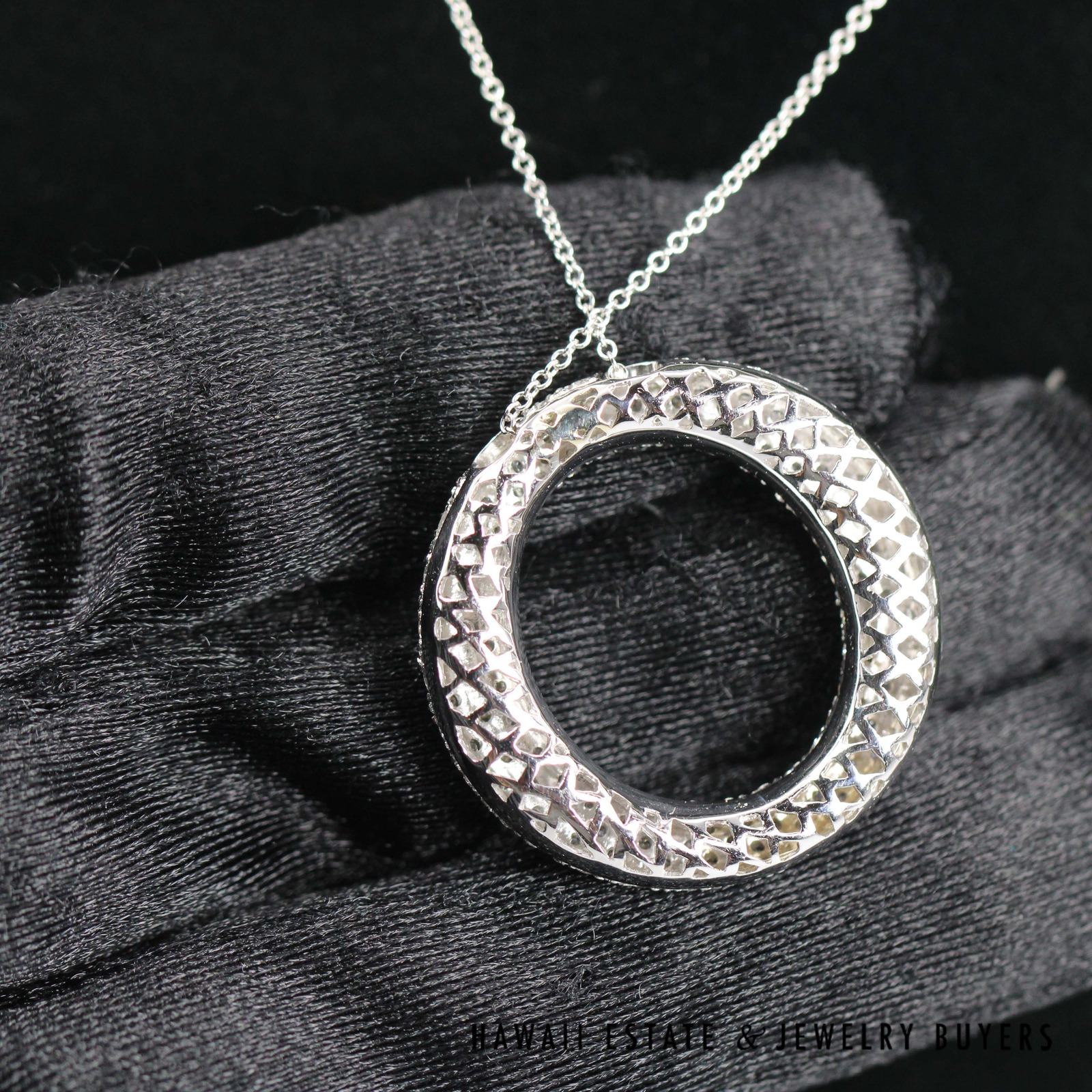 2ctw Diamond Pave Circle Pendant 18k White Gold 18" Rolo Chain, 9.4g - Image 3