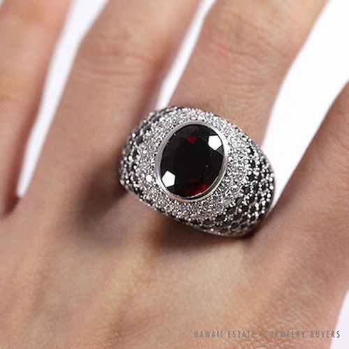 GIA Certified Dark Red Garnet and Black Diamond 18K White Gold Dome Ring (Sz 9) - Image 6