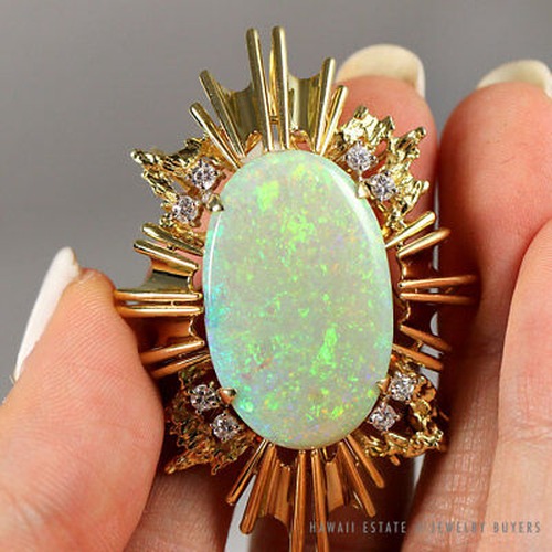 15.31ct Natural Australian Opal & .40ctw Diamond 14K Yellow Gold Sunburst Brooch - Image 2