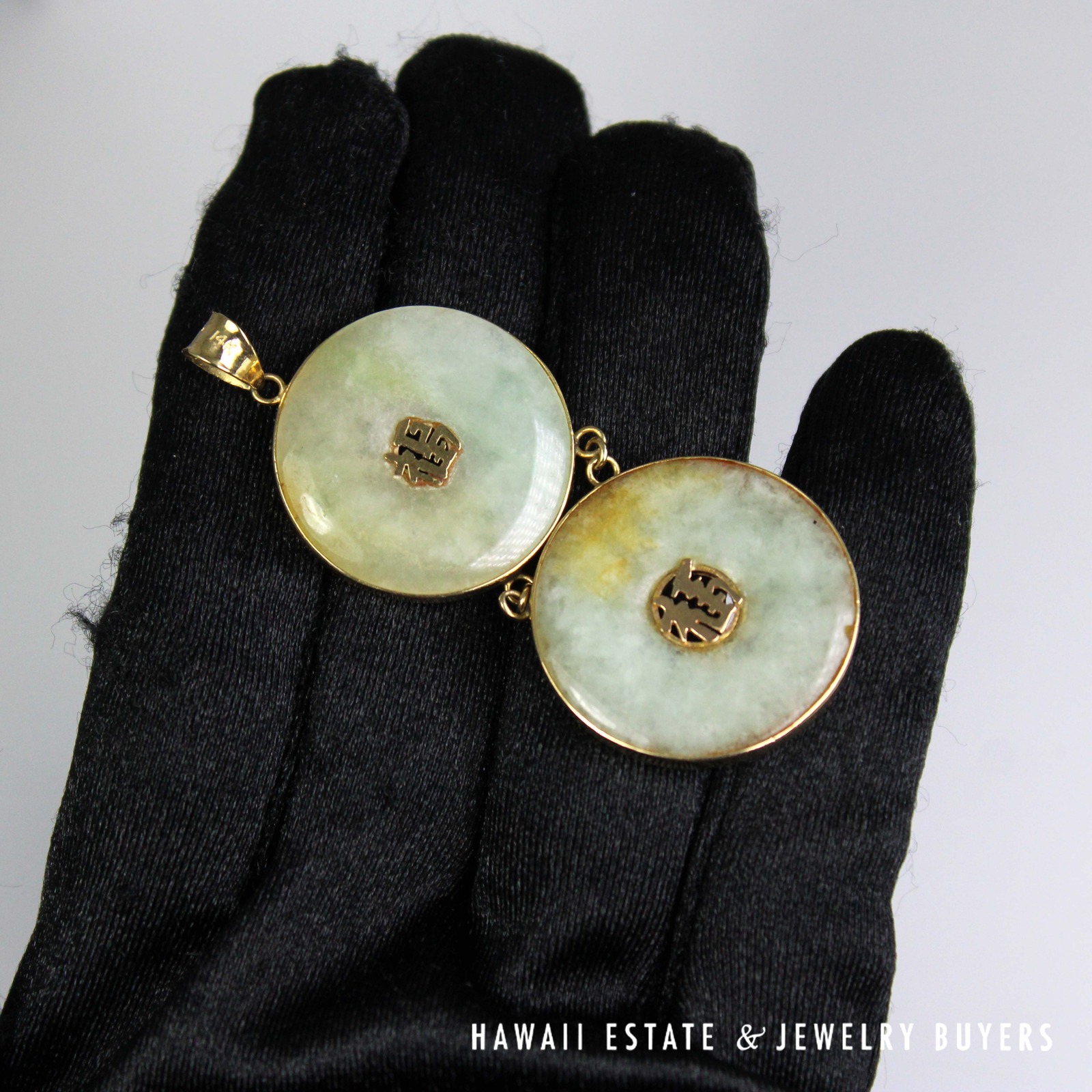 Green Jade Double Donut Pendant in 14K Yellow Gold with Character Details - Image 8