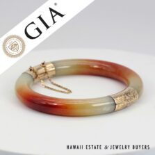 GIA Jadeite Red and Green Jade Hinged 14K Yellow Gold Bangle Bracelet Size 7.25
