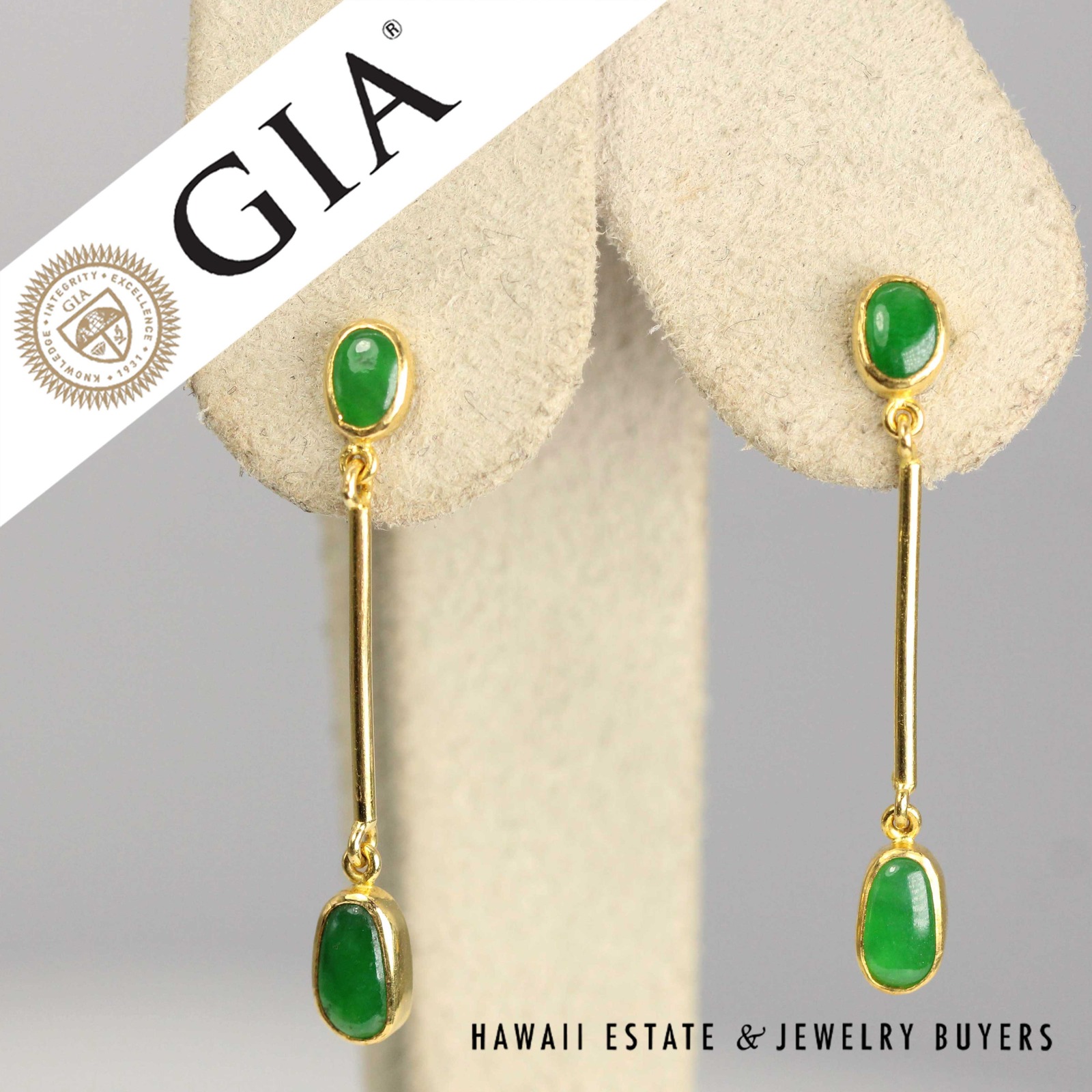 GIA Type A Green Jade Dangle Earrings 22k Yellow Gold 1.25" Length
