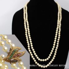 14KYG Double Strand 8-8.8mm Cream Cultured Pearl Strand Opera Length with Ruby/Emerald/Sapphire Clasp