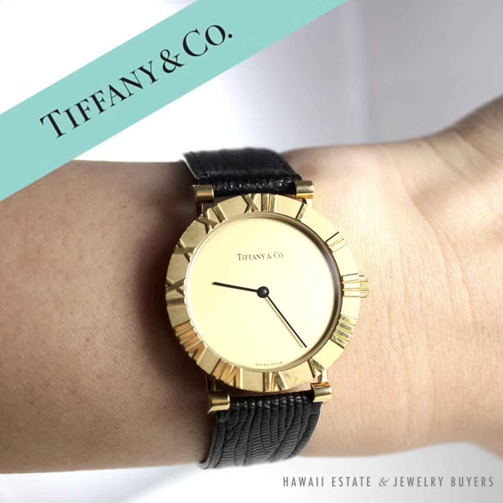 Tiffany & Co Atlas Men's 18K Yellow Gold Strap Watch - Hawaii