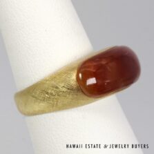 Honey Jade Cabochon 14K Yellow Gold Florentine Saddle Ring Size 7