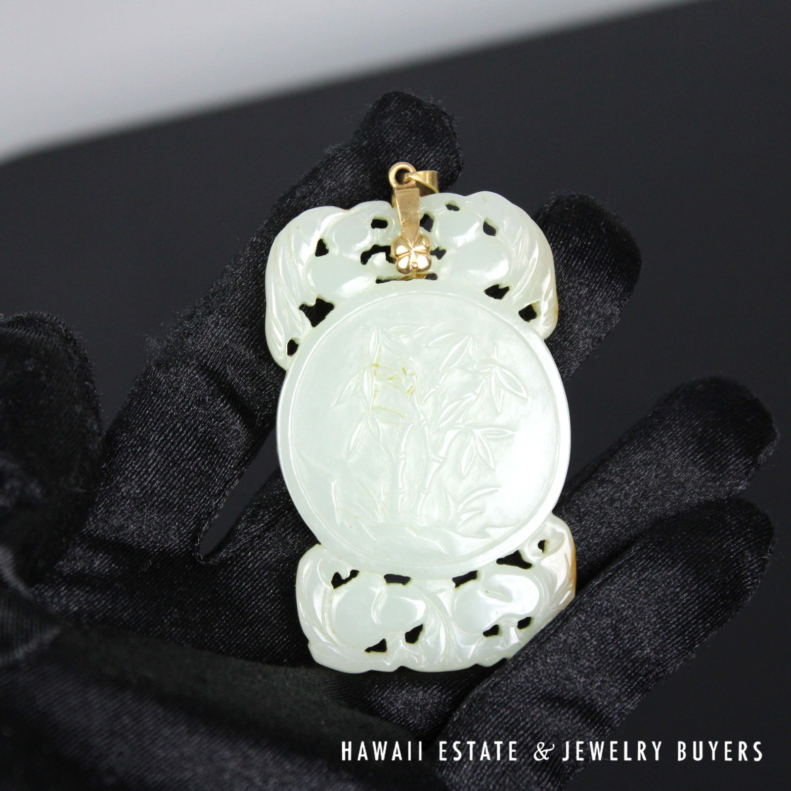 Large Carved Pale Green Jade Bamboo Openwork Pendant with 14K Yellow Gold Bail - Image 6