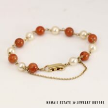 13g 14KYG Red Jade and Pearl Bracelet Size 7