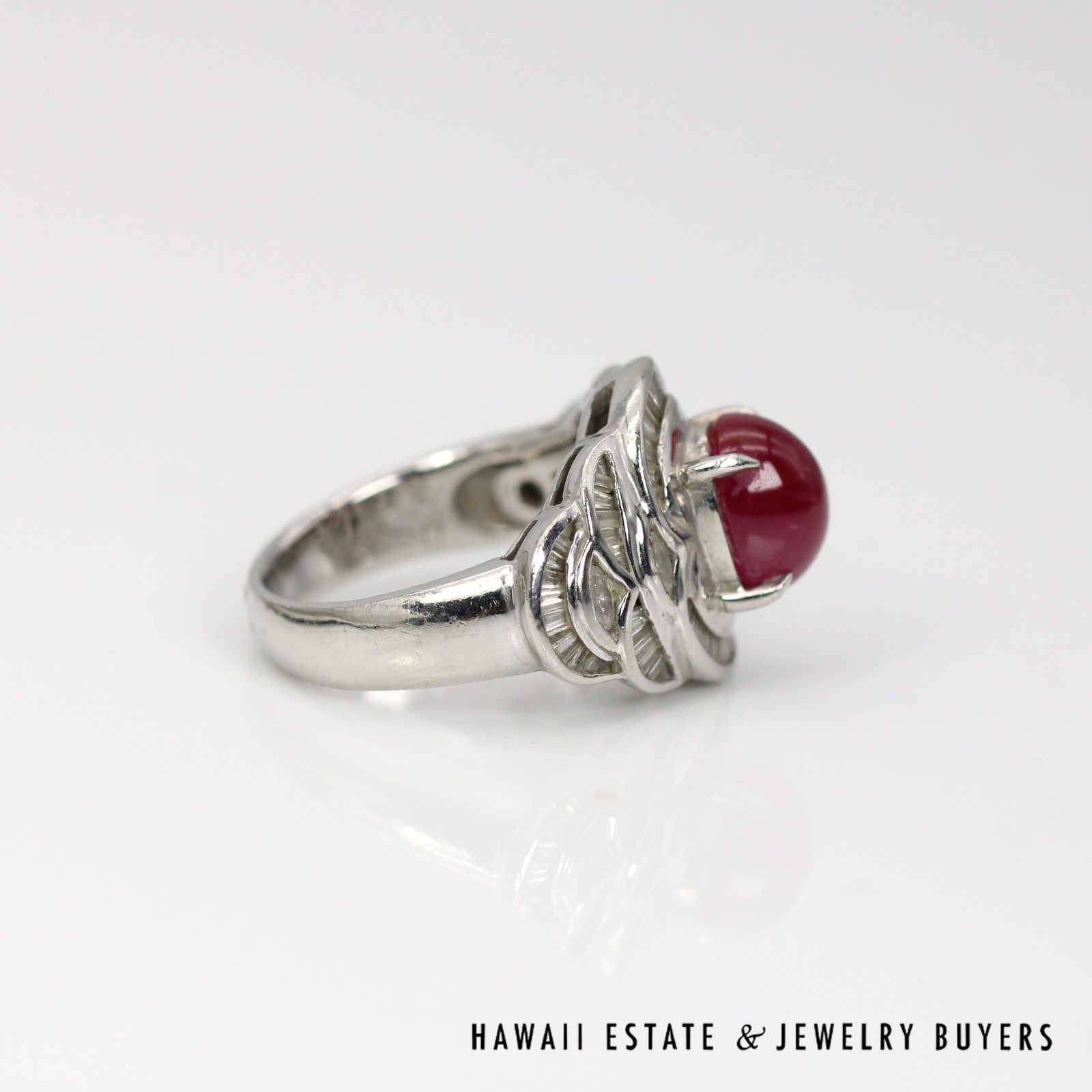 GIA Natural 3.74ct Ruby Cabochon 0.90ctw Baguette Diamond Ring Platinum Size 6.5 - Image 3