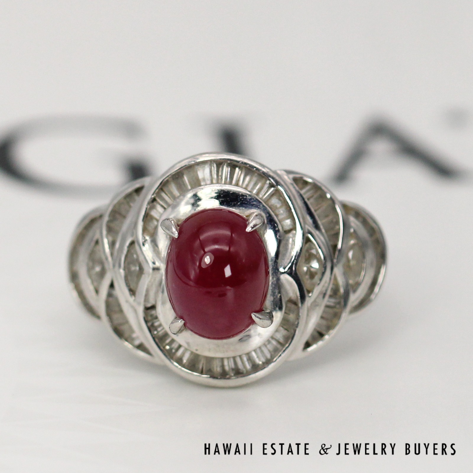 GIA Natural 3.74ct Ruby Cabochon 0.90ctw Baguette Diamond Ring Platinum Size 6.5 - Image 2