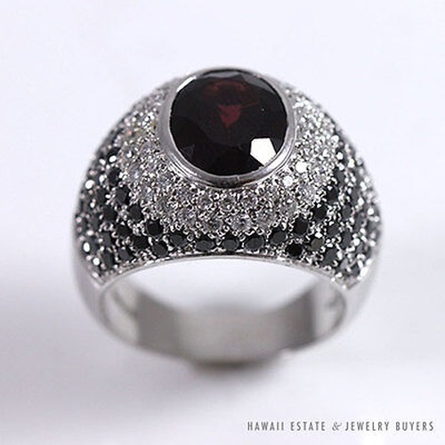 GIA Certified Dark Red Garnet and Black Diamond 18K White Gold Dome Ring (Sz 9) - Image 4