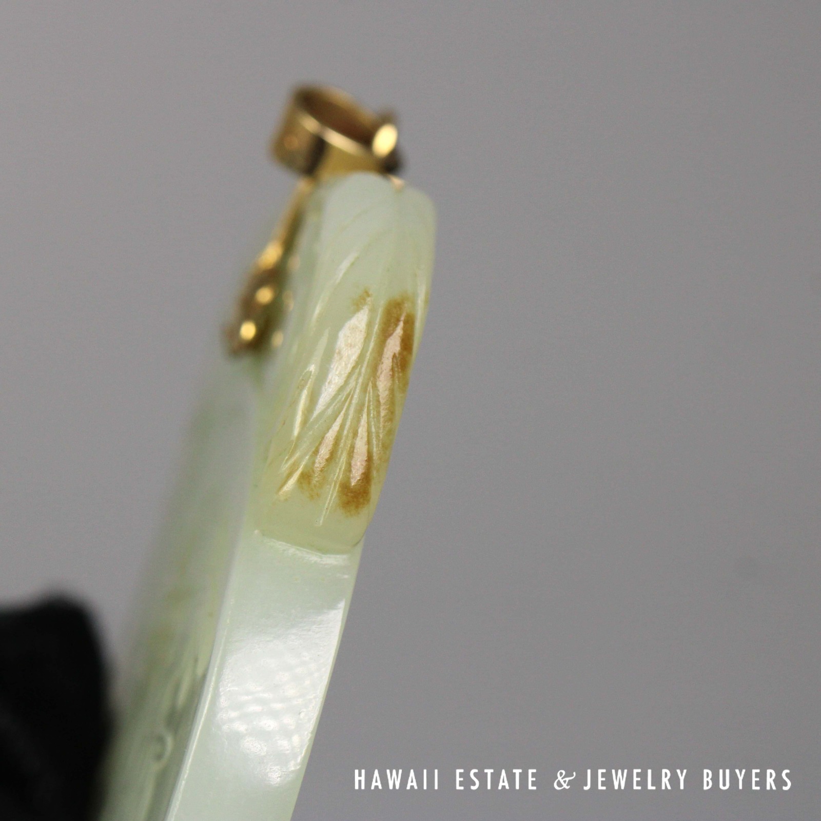 Large Carved Pale Green Jade Bamboo Openwork Pendant with 14K Yellow Gold Bail - Image 4