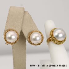 22g 14KYG Set Mabe Pearl Ring Size 5 and Earring with Omega Clips