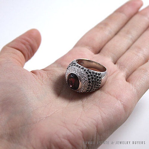 GIA Certified Dark Red Garnet and Black Diamond 18K White Gold Dome Ring (Sz 9) - Image 8