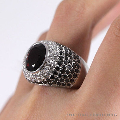 GIA Certified Dark Red Garnet and Black Diamond 18K White Gold Dome Ring (Sz 9) - Image 7