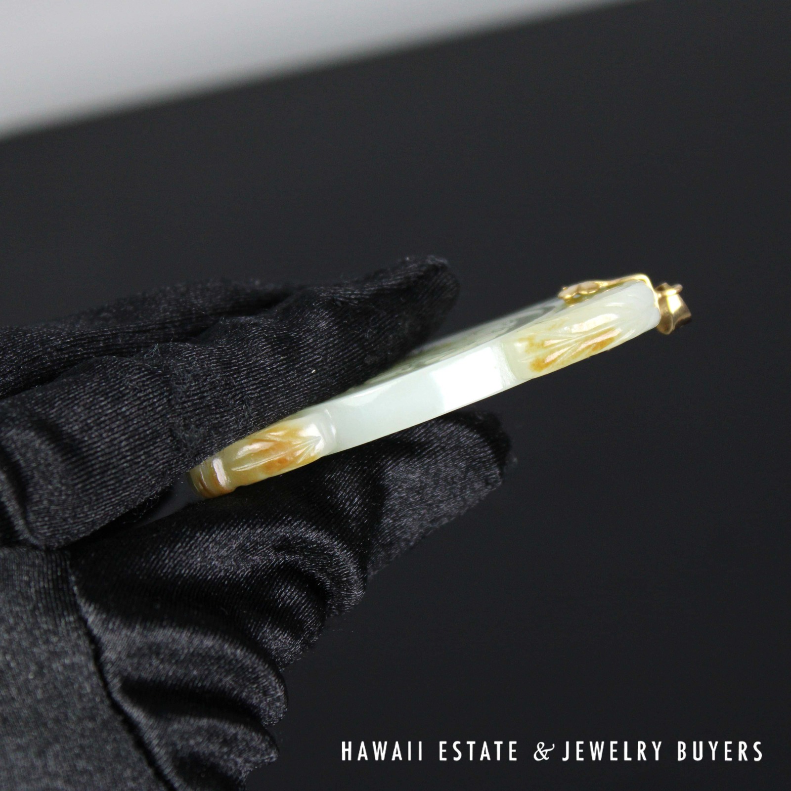 Large Carved Pale Green Jade Bamboo Openwork Pendant with 14K Yellow Gold Bail - Image 5