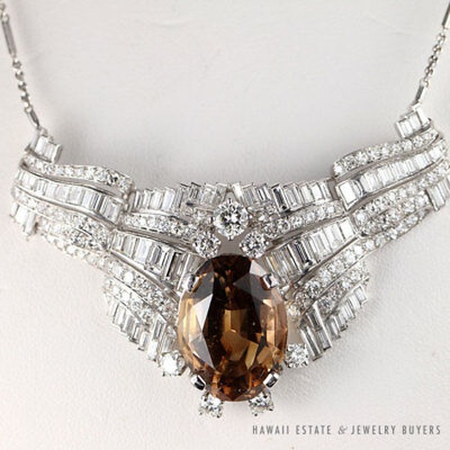 Antique Fancy Orange Topaz & 24.45ctw Diamond Estate Platinum Necklace