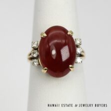Honey Jade Oval Cabochon Diamond 14K Yellow Gold Scalloped Ring Size 6.25