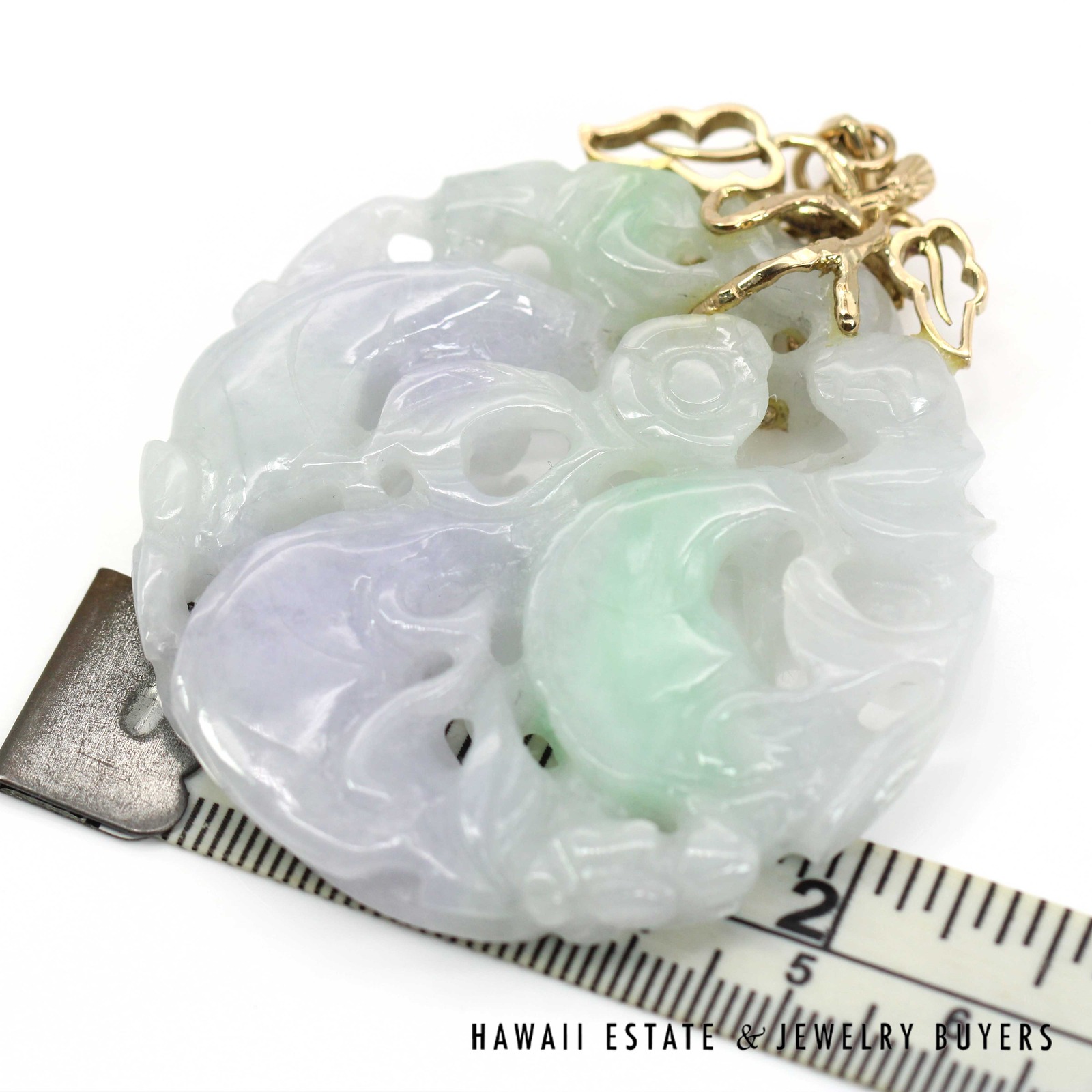 Carved Lavender & Green Jade Openwork Pendant with 14K Yellow Gold Bail - Image 7