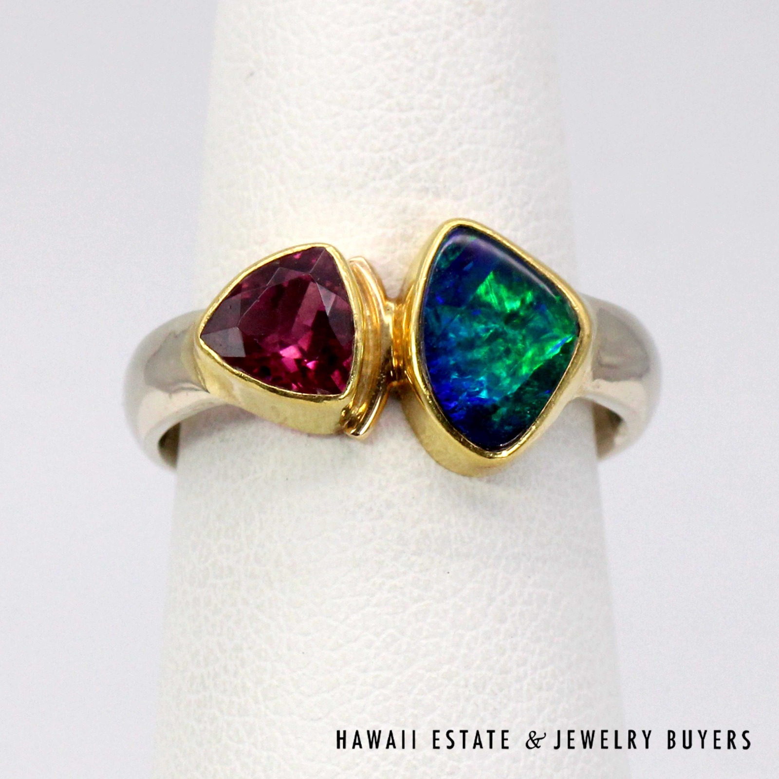 Pink Tourmaline Trillion & Boulder Opal Doublet 14K Two-Tone Gold Ring Size 6 - Image 3