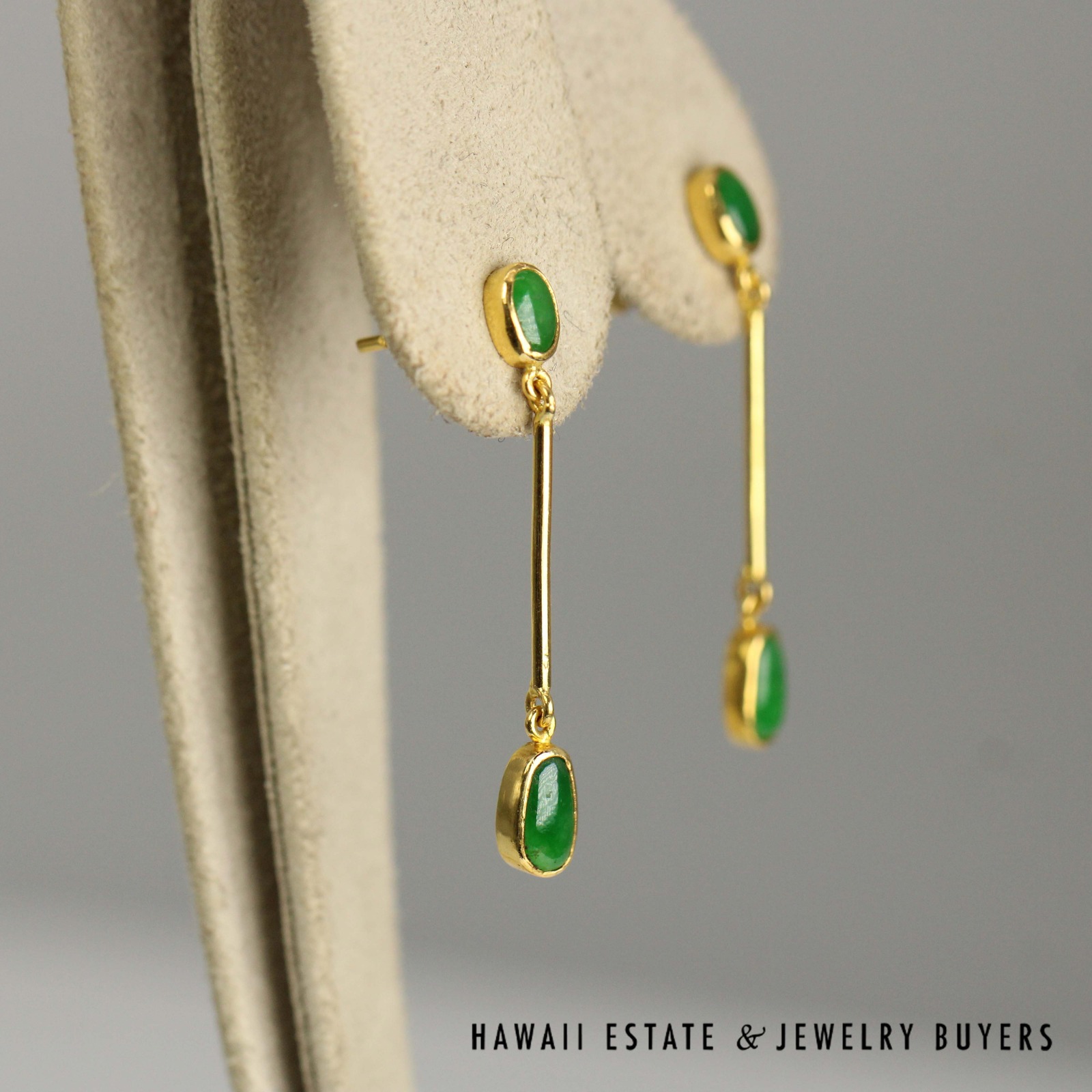 GIA Type A Green Jade Dangle Earrings 22k Yellow Gold 1.25" Length - Image 2