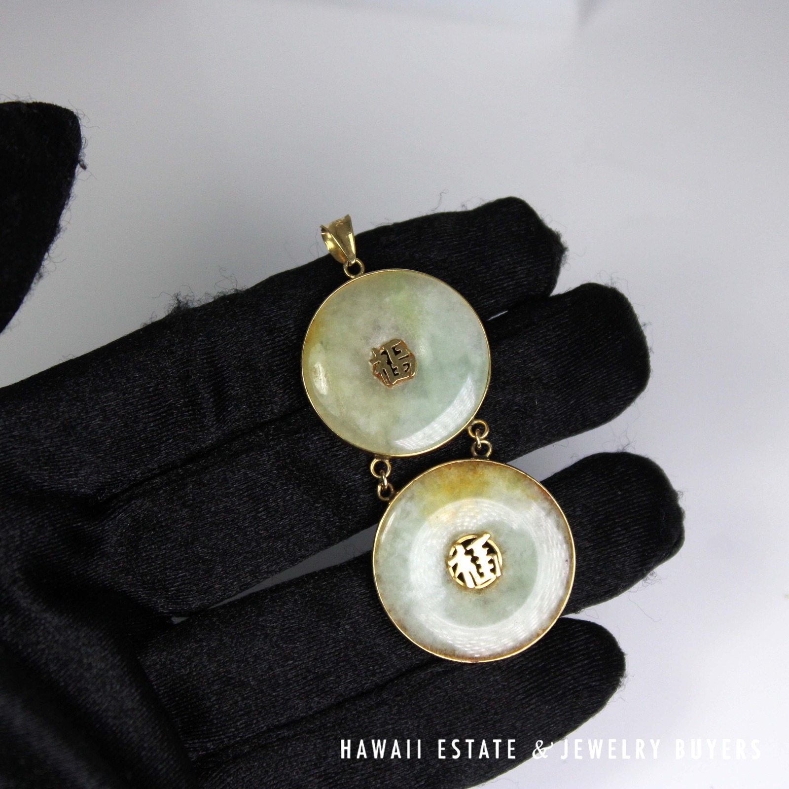 Green Jade Double Donut Pendant in 14K Yellow Gold with Character Details - Image 2