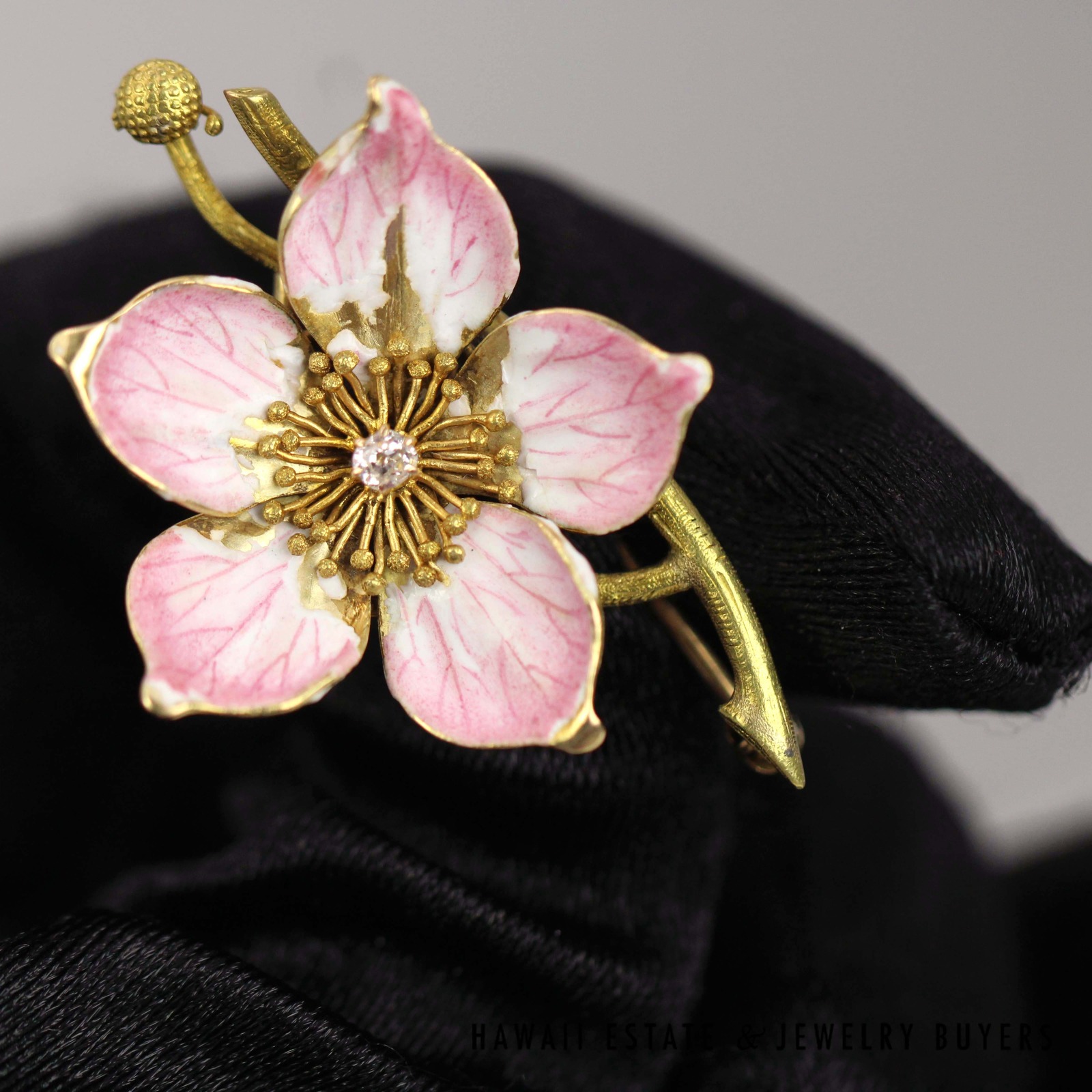 Vintage Art Nouveu Old Mine Cut Diamond Pink Enamel Posey Cherry Blossom 18K Yellow Gold Brooch Pin - Image 3