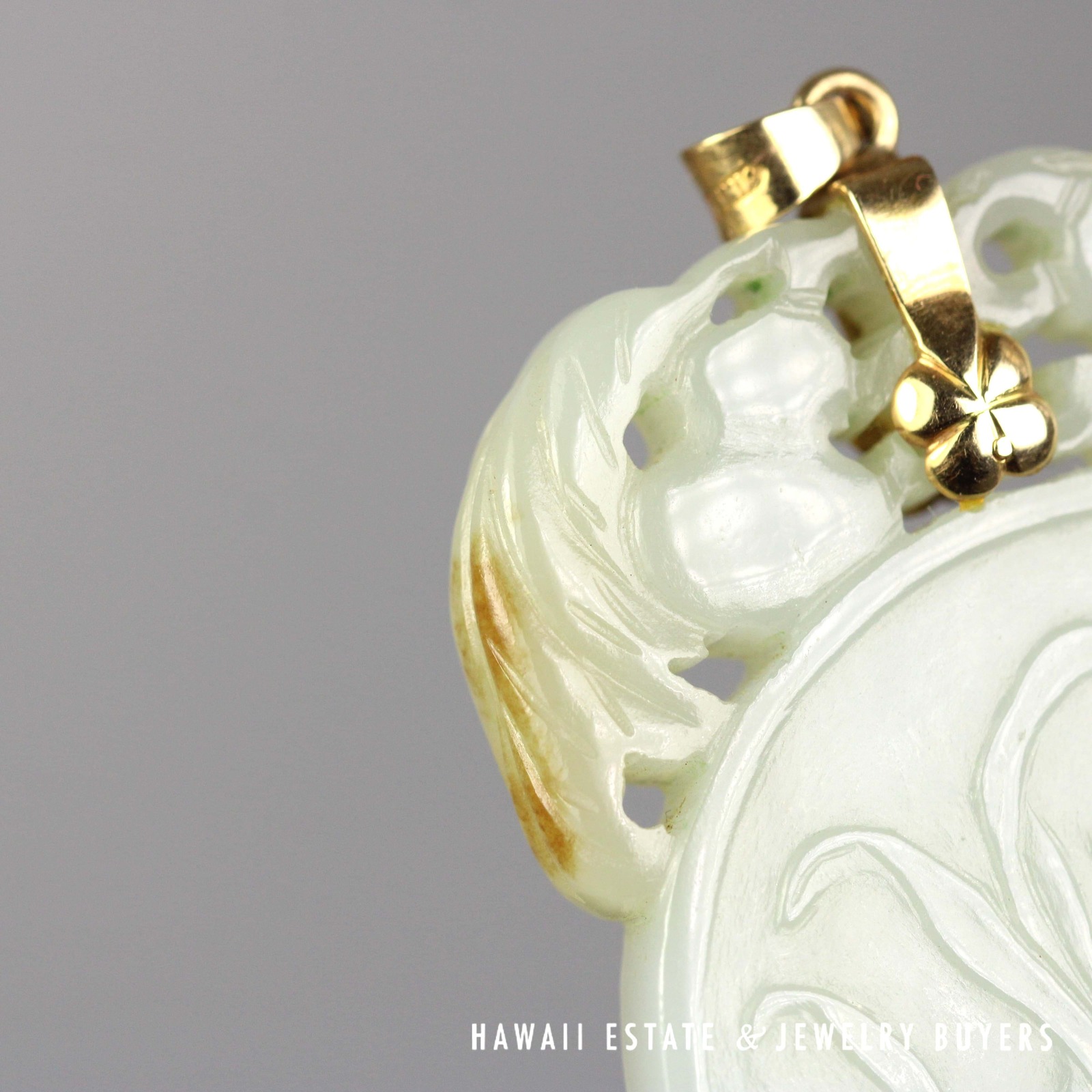Large Carved Pale Green Jade Bamboo Openwork Pendant with 14K Yellow Gold Bail - Image 8