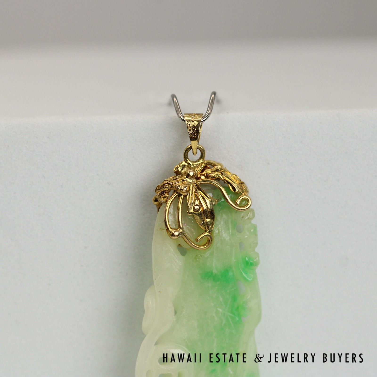 GIA Type A Moss in Snow Jade Carved & Pierced 14k Yellow Gold Pendant - Image 7