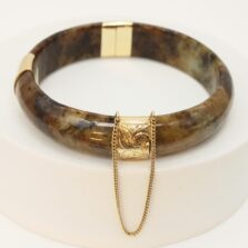 Ming's Brown Jade Hinged Bangle Bracelet 14K Yellow Gold 6.75 in