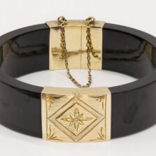 Black Jade Hinged Bangle Bracelet 14K Yellow Gold 7 in