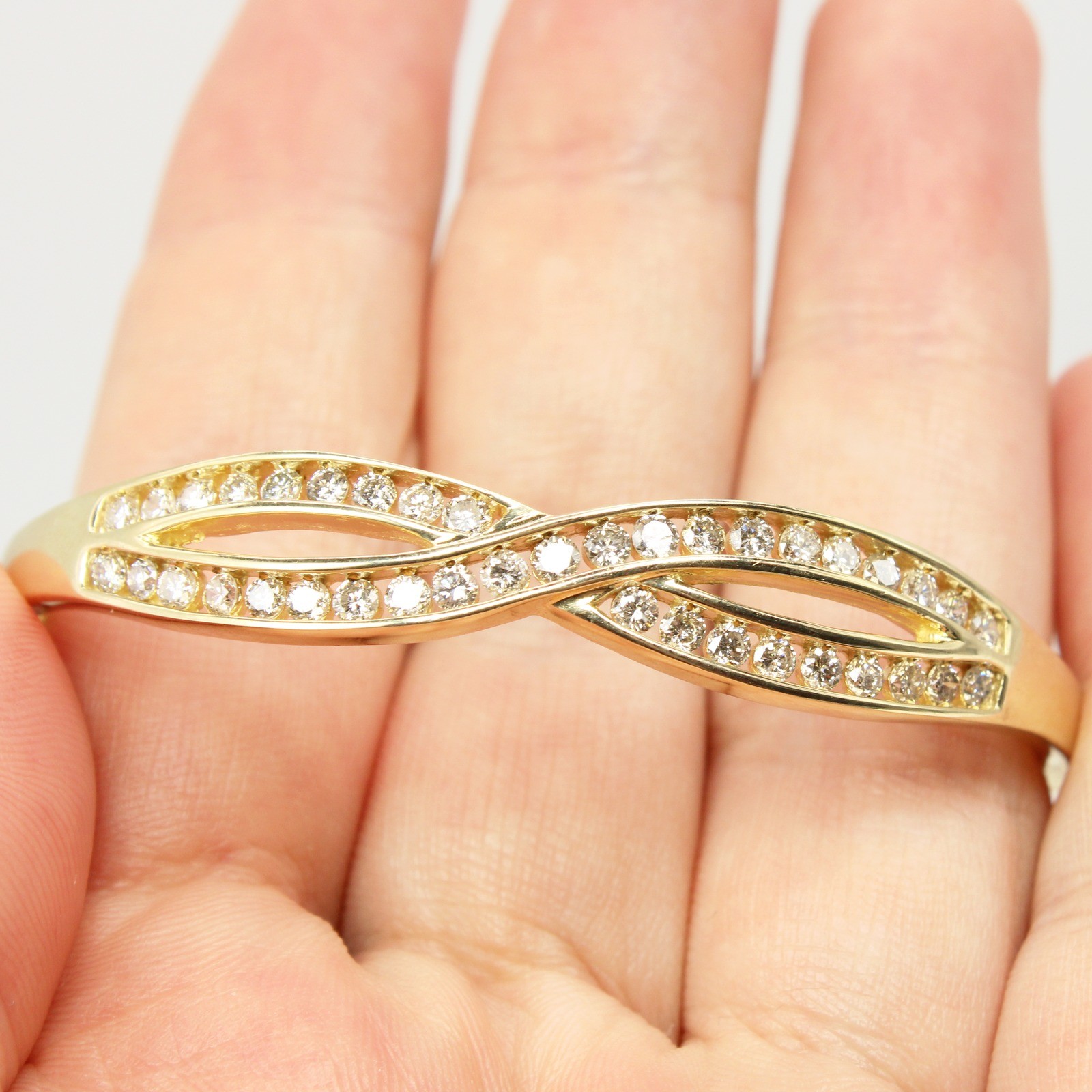 Diamond Crossover Bangle Bracelet 14K Yellow Gold 6.5 in